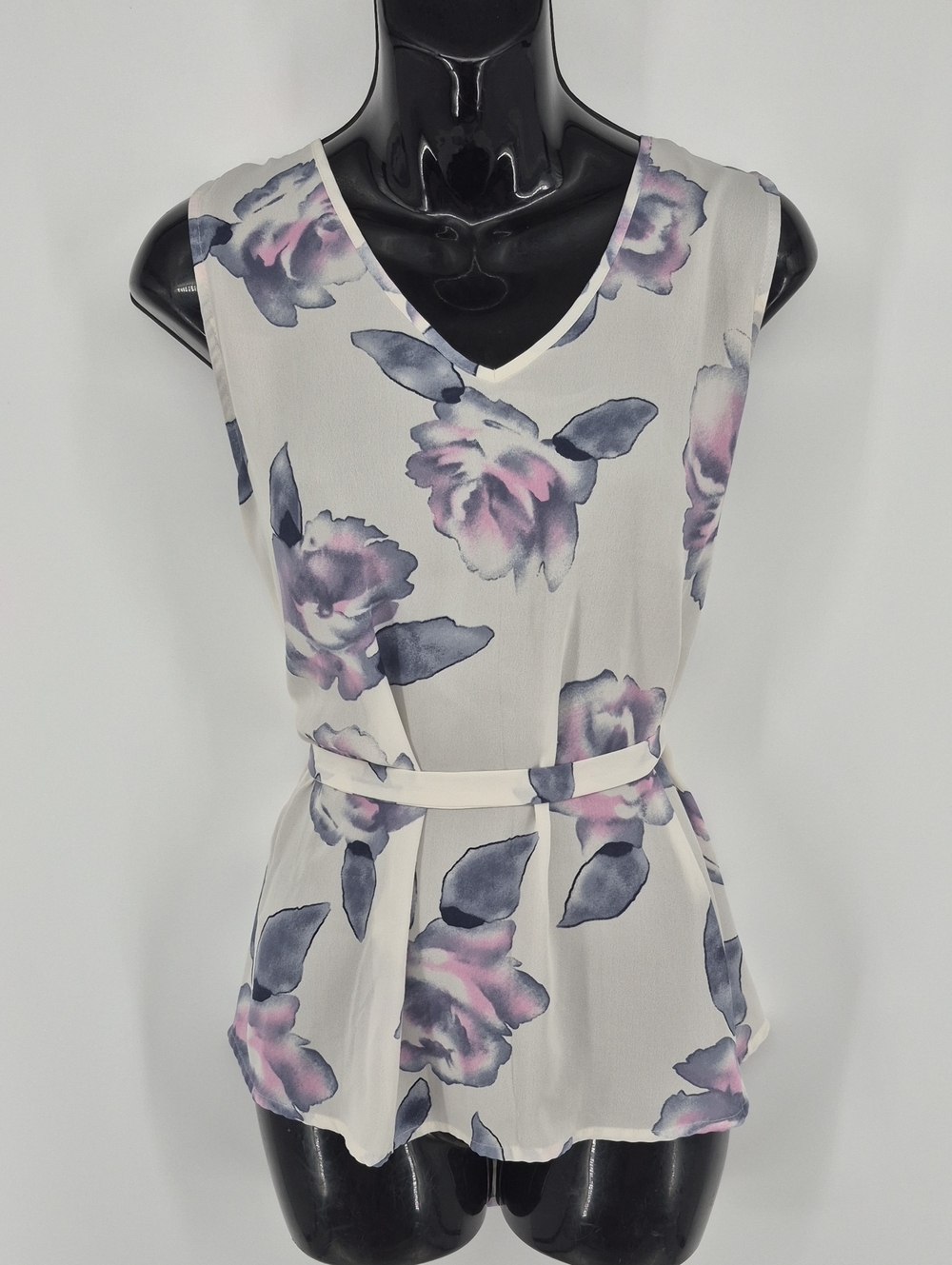 Collective Concepts Women's Large Sleeveless Floral Blouse Lace Back Tie Waist